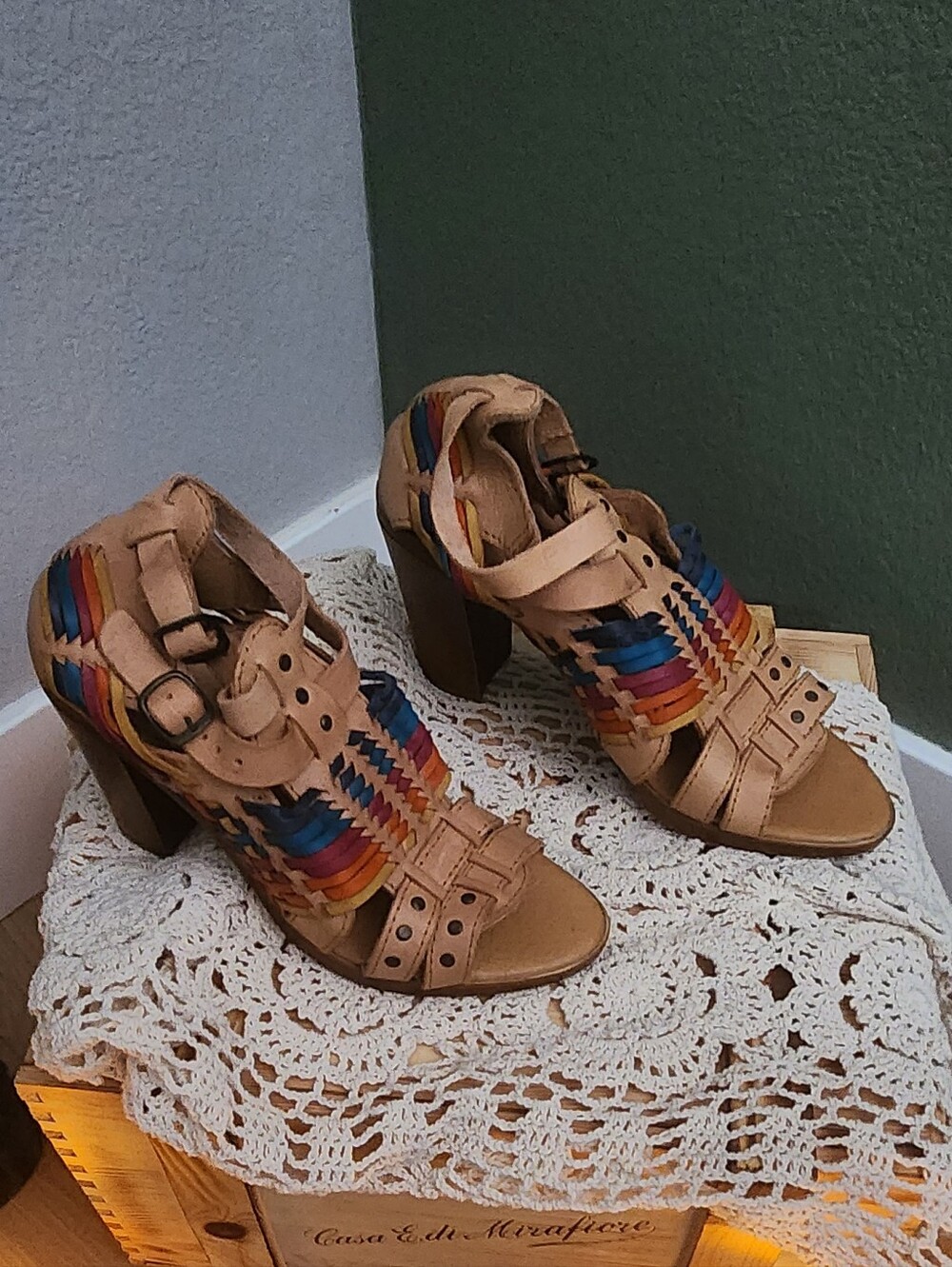 Roots Tan Heeled Sandals with Multicolor Woven Straps